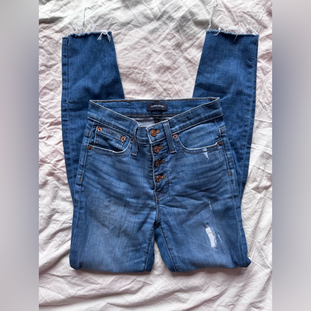J. Crew Distressed Dark Blue Skinny Jeans with Button-Fly